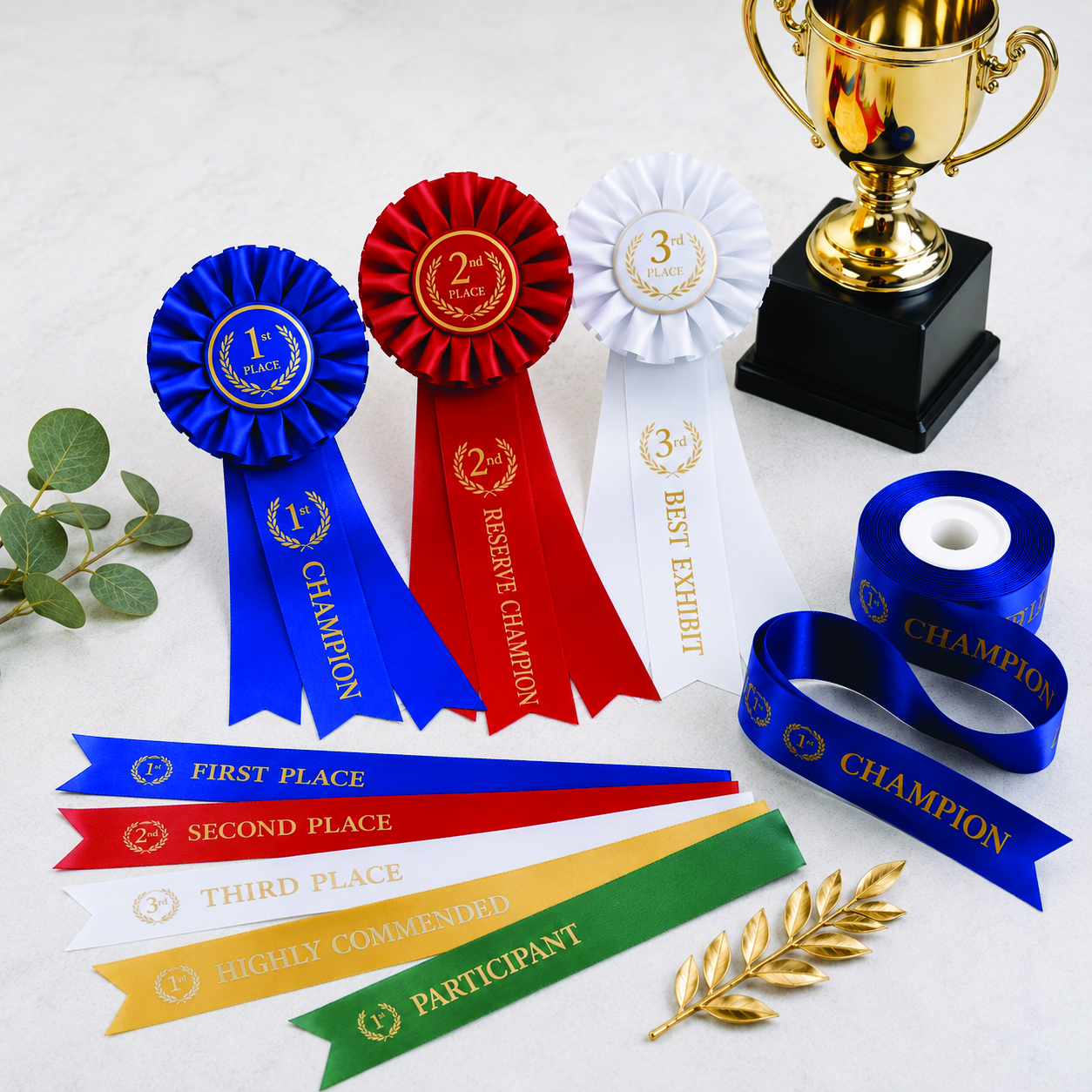 Custom award and presentation ribbons with championship rosettes, prize ribbons and personalised award ribbons for schools, sporting clubs and competitions.