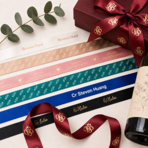 Metallic foil printed satin ribbon with premium gift packaging, featuring gold and silver foil logo printing on custom branded ribbon.