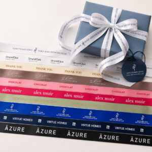 Colour printed satin ribbon samples with a branded gift box, custom logo ribbon and personalised ribbon for premium gift packaging.